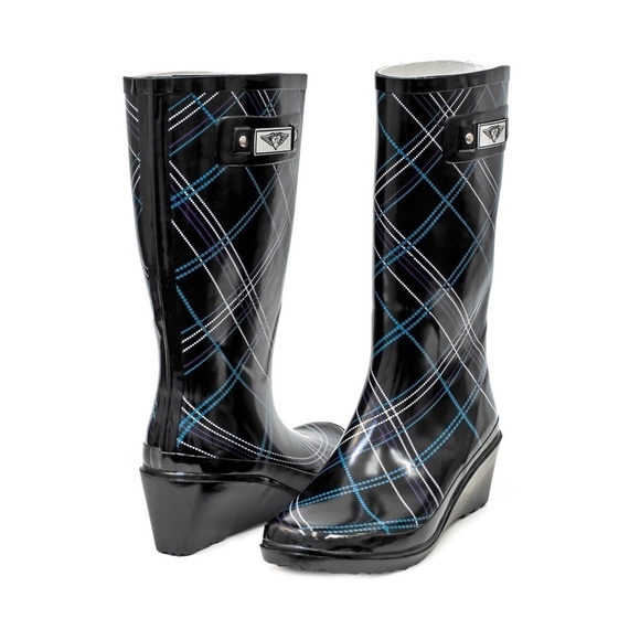 Women's Rain Boots Black Blue Plaid Wedge Rubber Rainboots - Picture 1 of 3
